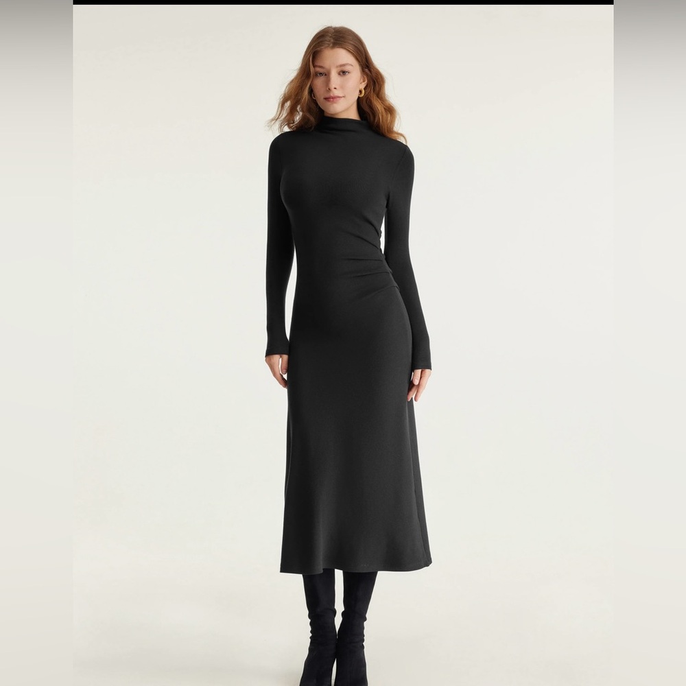 OGL Black Long Sleeve Turtleneck Midi Dress